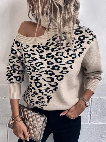 Single Cold Shoulder Leopard Turtleneck Sweater