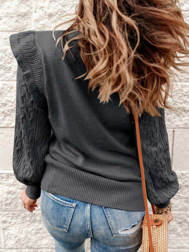 Ruffled Solid Color Cable Knit Sweater