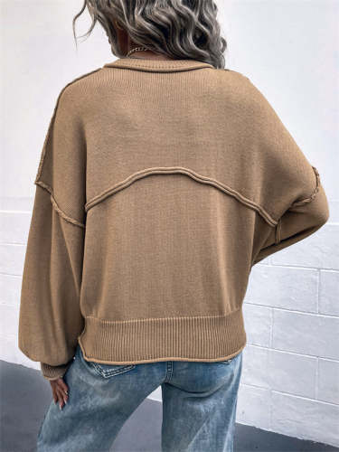 Solid Balloon Sleeve Pocket Knit Sweater
