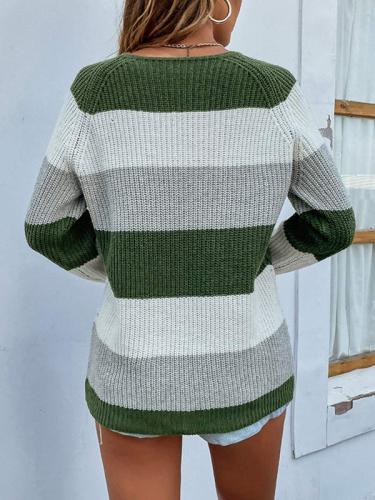 Crew Neck Striped Colorblock Knit Tops