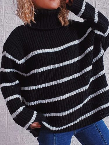 Turtleneck Striped Loose Knit Pullover Sweater