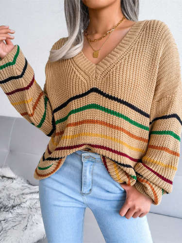 Rainbow Striped Long Sleeve Casual Loose Sweater