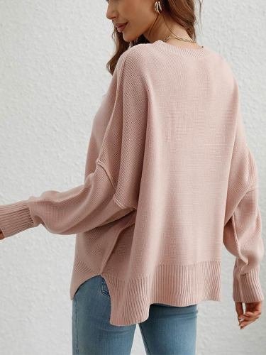 Solid Color Crew Neck Loose Slit Pullover Knit Sweater