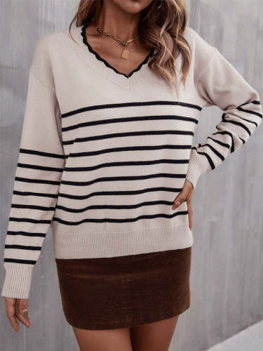 Contrast Color Striped V-neck Sweater
