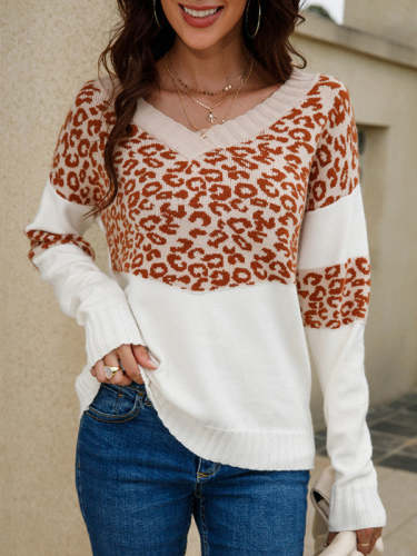 Leopard Patchwork V-neck Knitted Sweater