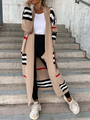 Long Neckless Loose Knitted Striped Cardigan