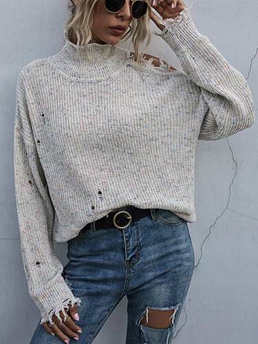 Ripped Cold Shoulder Turtleneck Knit Sweater