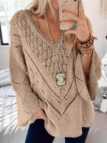 Solid Color Hollow Out V-Neck Sweater
