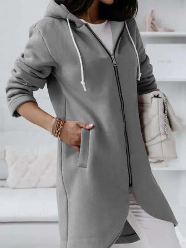 Solid Color Zip Fleece Hooded Coat