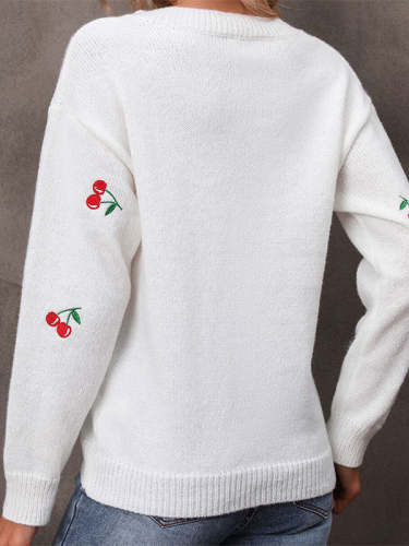 Cherry Embroidered V-Neck Pullover Sweater