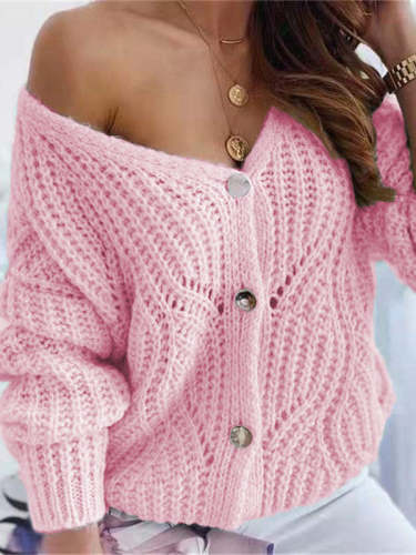Solid Hollow Out Knit Button Sweater