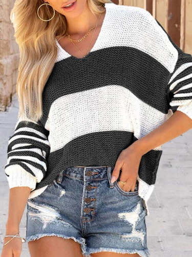 Color Block V-neck Knitted Pullover Sweater