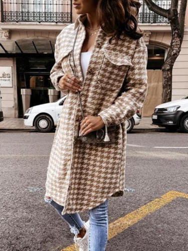 Mid-length Houndstooth Print Comfy Coat
