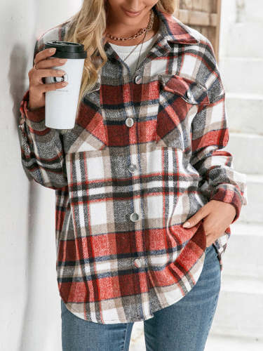 Buttons Up Plaid Print Casual Coat