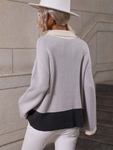 Color Block Half Zipper Knit Drop Shoulder Sweater