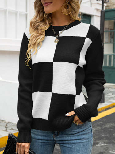 Crew Neck Knitted Plaid Sweater