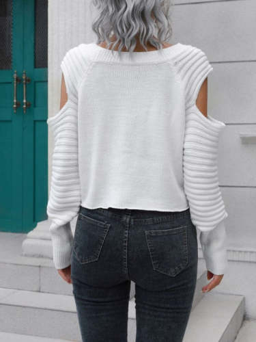 Cold Shoulder Long Sleeve Cropped Loose Knit Sweater