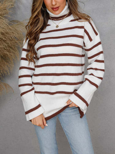 Casual Crewneck Striped Slit Sweater