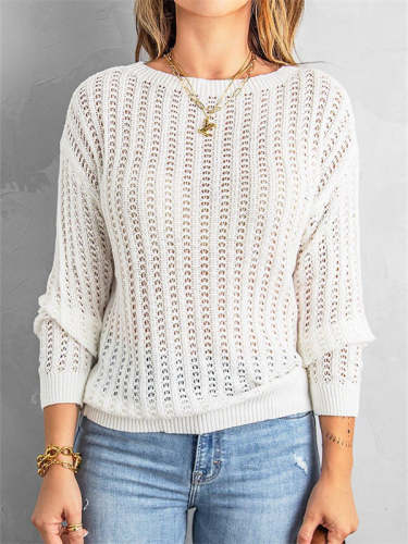 Solid Knit Crew Neck Cutout Sweater