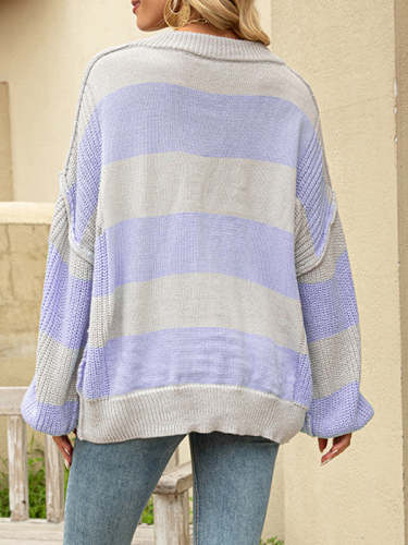 Loose V-Neck Panel Pullover Knit Sweater