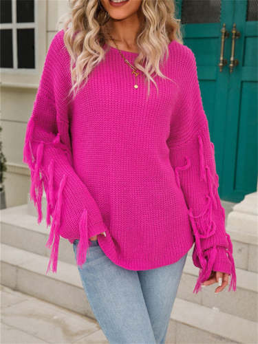 Knitted Tassel Solid Color Loose Sweater