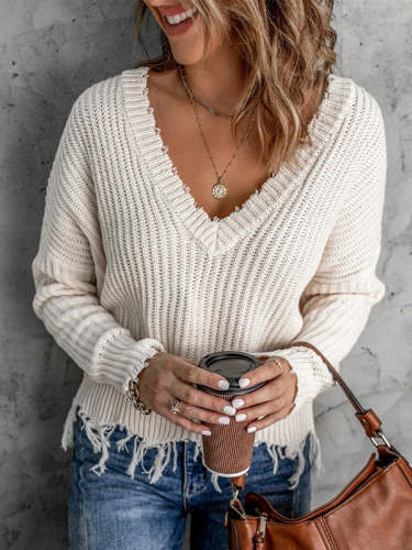 Solid Color Fringe V-neck Knitted Sweater
