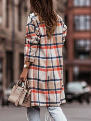 Long Sleeve Double-breasted Plaid Coat