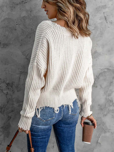 Solid Color Fringe V-neck Knitted Sweater