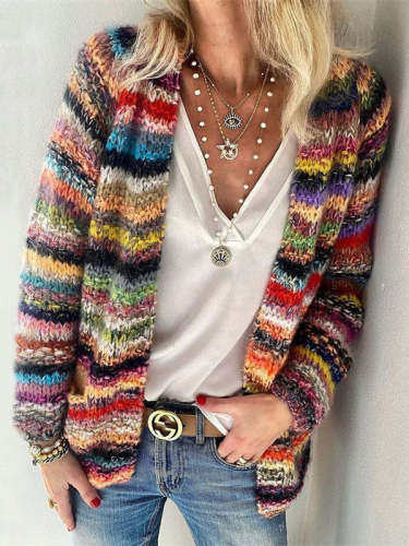 Color Stripes Knit Sweater Cardigan