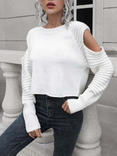 Cold Shoulder Long Sleeve Cropped Loose Knit Sweater