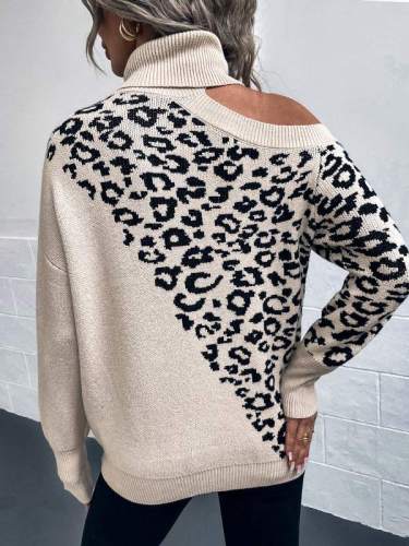 Single Cold Shoulder Leopard Turtleneck Sweater
