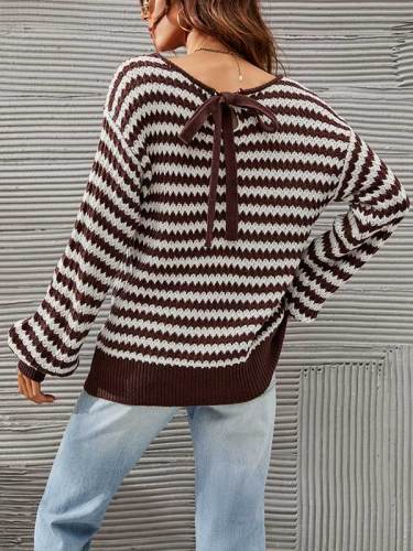 Striped Drop Shoulder Hollow Out Knit Sweater