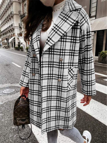 Fashionable Double-breasted Plaid Print Coat