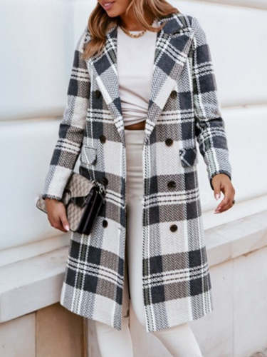 Double Breasted Stylish Plaid Print Overcoat