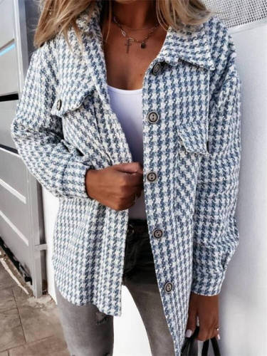 Houndstooth Print Lapel Neck Casual Coat