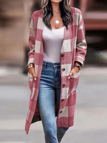 Long Sleeve Single Breasted Neckless Plaid Coat
