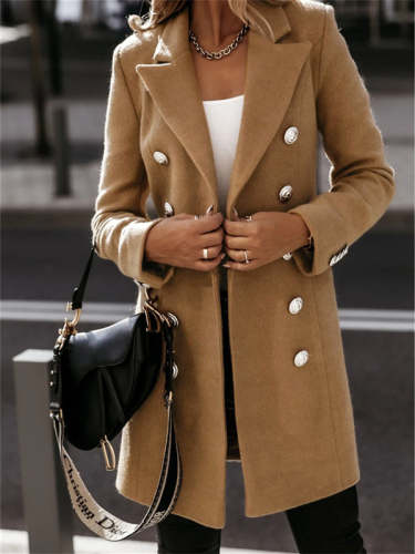 Solid Color Suit Collar Double Breasted Coat