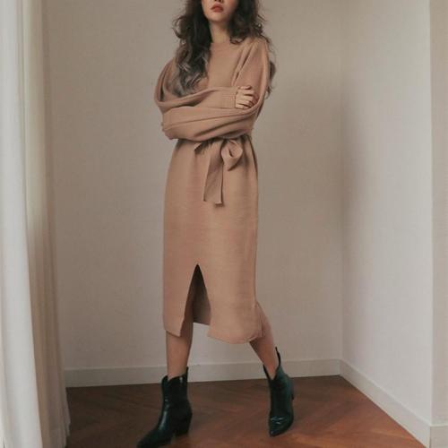 Casual Knitted Turtleneck Belted Sweater Dress