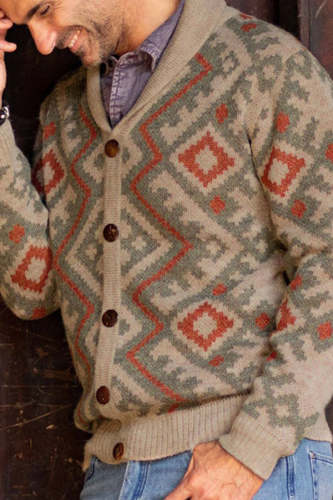 Lapel Slim Jacquard Sweater Men's Cardigan