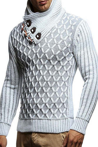 Men's Leather Button Turtleneck Knit Top Pullover