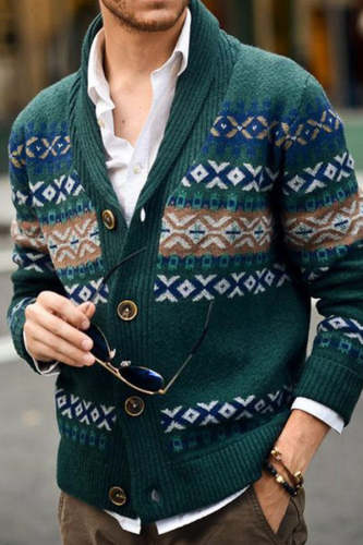 Men's Lapel Long Sleeve Jacquard Sweater Jacket