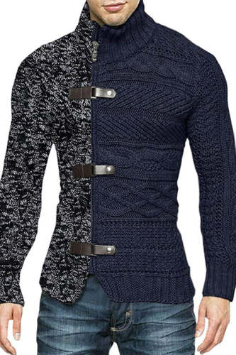 Men's Color Matching Leather Button Long-sleeved Knitted Cardigan