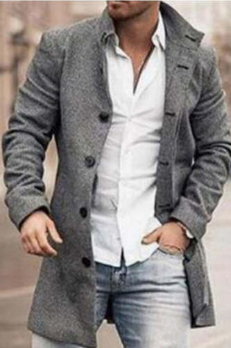 New Men's Woolen Stand Collar Mid-length Casual Coat with Pockets