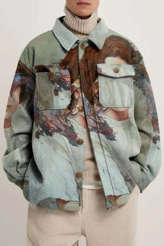 Casual Lapel Digital Printed Woolen Men's Shirt Jacket