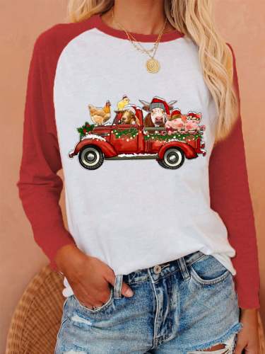 Women's Christmas Truck With Farm Animals Print Casual Long-Sleeve T-Shirt