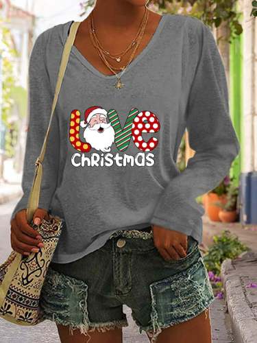 Women's Christmas “LOVE CHRISTMAS”Santa Print V-Neck Long Sleeve T-Shirt