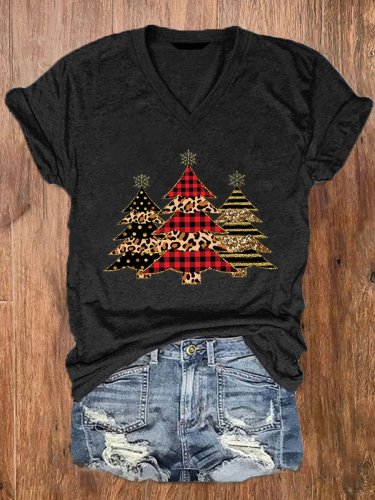 Women's Christmas Bling Check Polka Dot Striped Christmas Tree Print T-Shirt