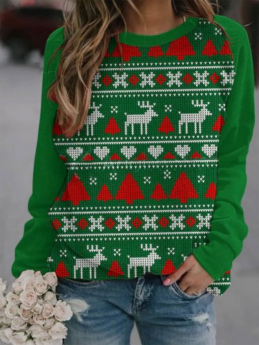 Women's Merry Christmas Christmas Tree Elk Print Casual Sweatshirt