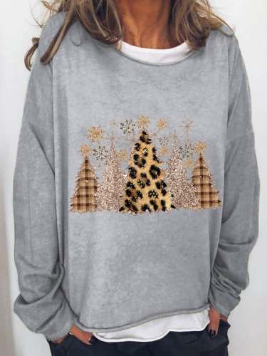 Women's Leopard Check Christmas Tree Print Long Sleeve T-Shirt