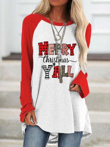 Women's Merry Christmas Y'all Print Sleeve T-Shirt